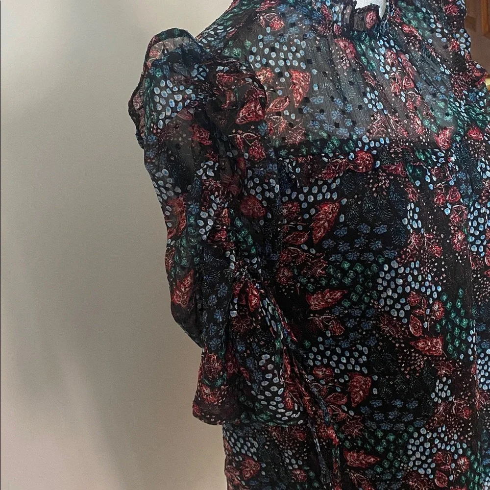 LOFT Floral Sheer Blouse Smocked Ruffle Neck Puff Sleeve Top Small